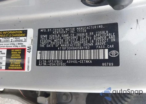 2010 Toyota Camry Le from USA, damaged, VIN 4T1BF3EK6AU564163